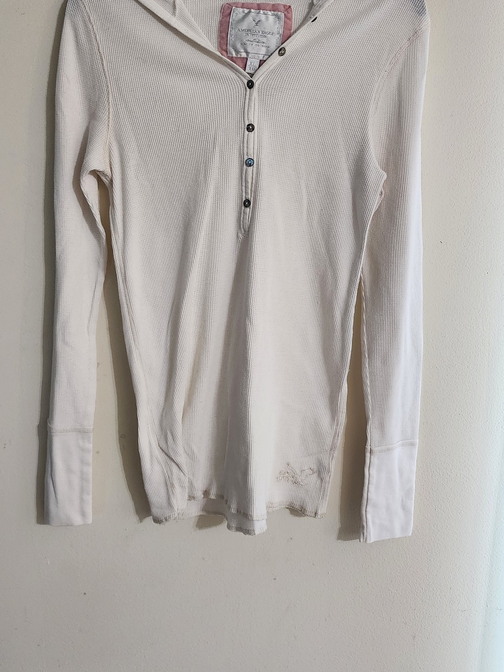 American Eagle Cream Thermal Waffle Knit Hoodie Top Size XL